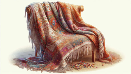 Vintage style image of a chair with a colorful shawl