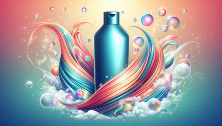 Cosmetic bottle on abstract background with colorful wave and bubbles. 3D renderingの写真素材