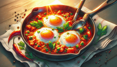 Fried eggs in tomato sauce with parsley in a frying pan
