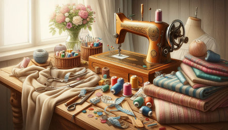 Sewing machine and sewing accessories on the table. 3d illustration