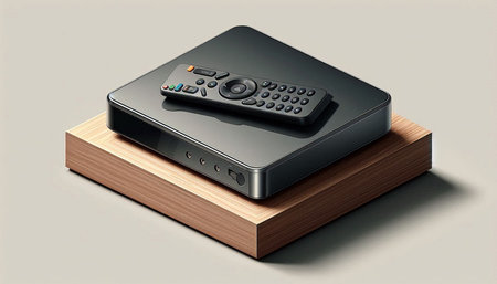 TV remote control on a wooden stand on a gray background. 3d renderingの写真素材