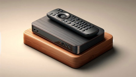 Remote control on a wooden stand, isolated on a gray background.の写真素材
