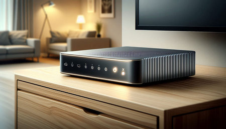 Modern wireless router on the table in the living room. 3d rendering