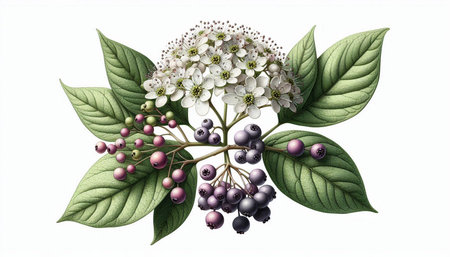 Elderberry branch with flowers and leaves isolated on white background.