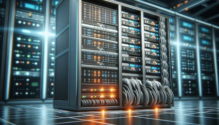 Server racks in data center. 3D rendering. Toned image.