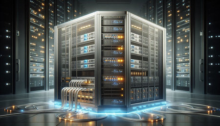 Server racks in data center. 3d rendering. Computer digital drawing.