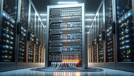 network server room data center with racks for storage and communication 3d rendering