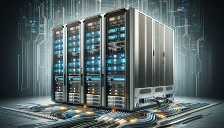 Server racks in data center with circuit board on background 3D rendering