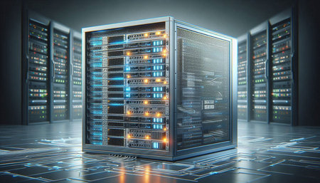 Server racks in data center. 3d rendering toned image double exposure