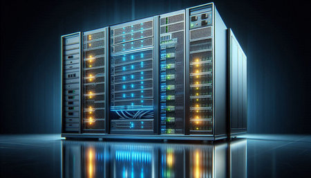 Digital composite of Network servers in dark room with blue lights and reflections