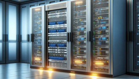 Server room data center. Backup, mining, hosting, mainframe, farm and computer rack with storage...