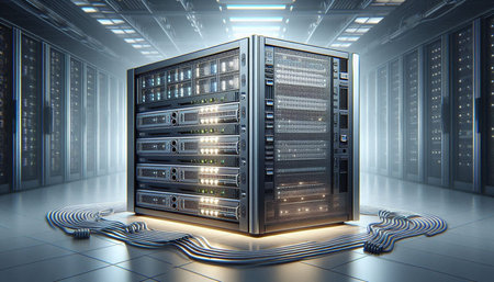Server racks in data center. 3d rendering. Computer digital image.