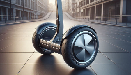 3d rendering of black electric scooter with headphones on the street