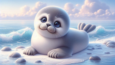 Cute baby seal on the beach. 3d render illustration.