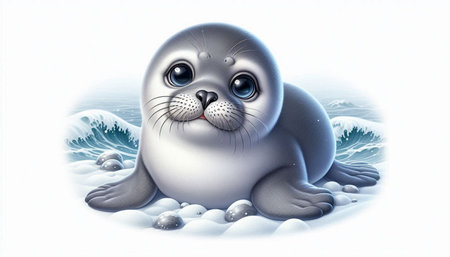 Cute baby seal sitting on the snow. 3D illustration.の写真素材
