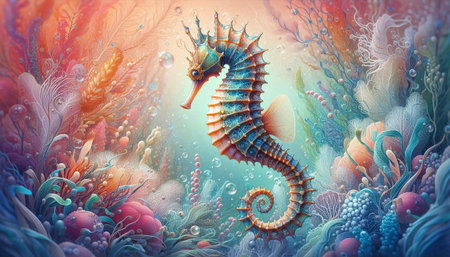 3d illustration of a seahorse in the sea with coralsの写真素材