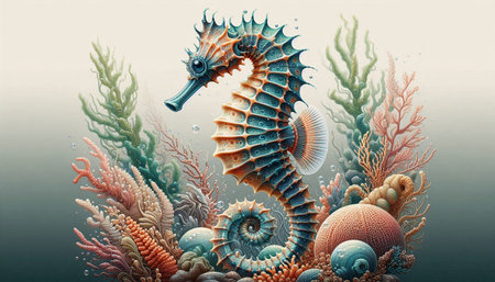 Seahorse and corals. Underwater world. 3D illustrationの写真素材