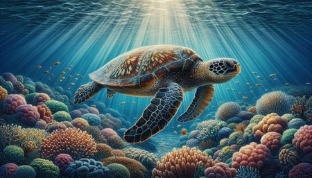 Green sea turtle swimming in the ocean. 3d render illustration.の写真素材