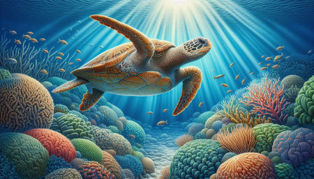 Sea turtle swimming in the ocean. 3d illustration. Underwater world.の写真素材