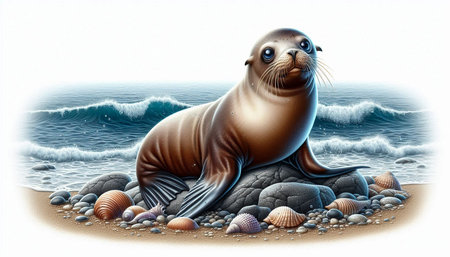 Sea lion sitting on a rock and looking at the sea, illustrationの写真素材