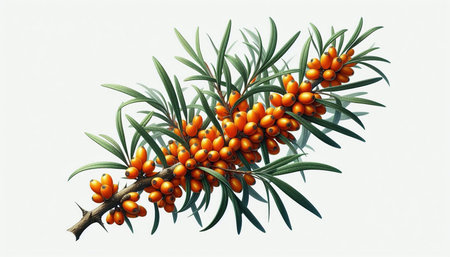 Sea buckthorn branches with ripe berries isolated on white background.の写真素材