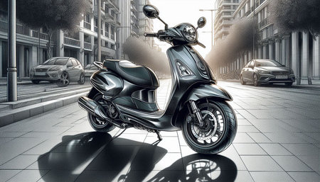 Modern classic scooter in the city. 3D rendering image.