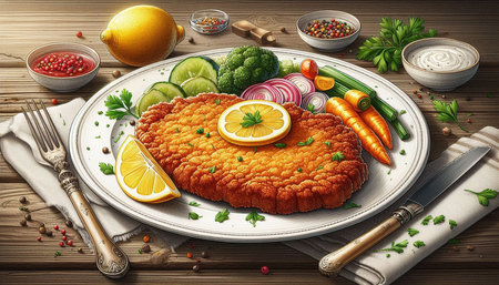 Schnitzel with lemon and vegetables on a wooden background.の写真素材