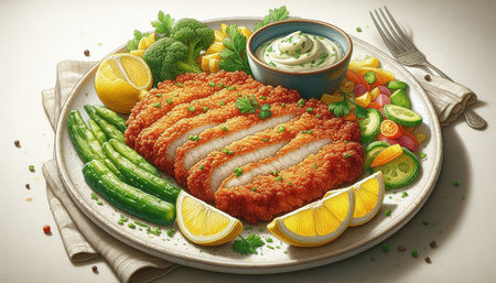 Schnitzel with vegetables and sauce on a white background.