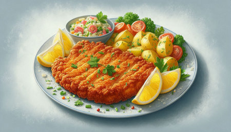 Breaded pork chop with potatoes and salad. 3d illustrationの写真素材