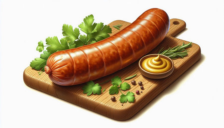 Sausage with mustard and parsley on a wooden cutting boardの写真素材