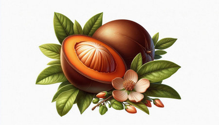 Illustration of a chocolate candy with leaves and flowers on a white background