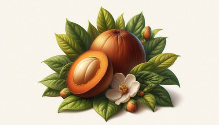 Illustration of hazelnuts with leaves and flowers on a white background