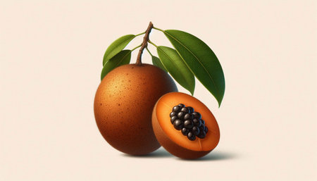 Sapodilla fruit with leaves on white background. 3d illustrationの写真素材