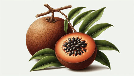 Sapodilla fruit with leaves isolated on a white background.の写真素材