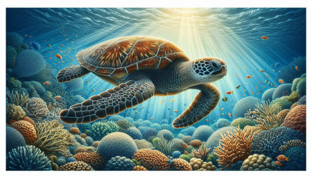 Green sea turtle in coral reef. Underwater world. Vector illustration