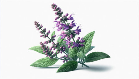 Purple sage flowers with green leaves isolated on white background. Vector illustration.の写真素材