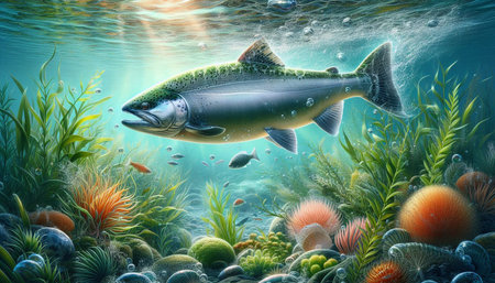 3D illustration of a rainbow trout swimming in the sea with corals and algaeの写真素材