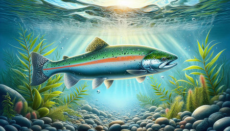 Underwater scene with rainbow trout fish and seaweed. Vector illustrationの写真素材