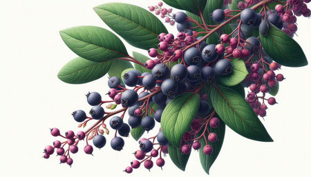Branch of ripe blueberries with green leaves on a white background