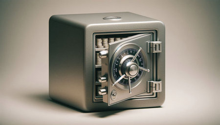 Metal safe on a gray background. The concept of financial security.の写真素材