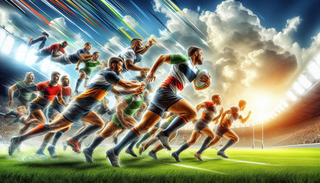 Rugby players in action at the stadium. 3D rendering