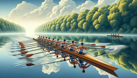 Group of people rowing in the lake. 3D illustration.