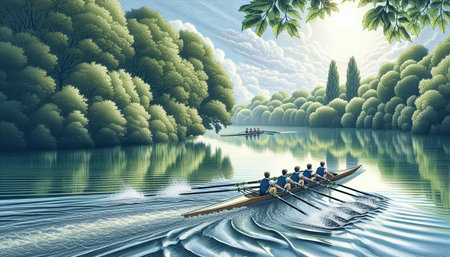 Rowing on the lake in the forest. 3D rendering.
