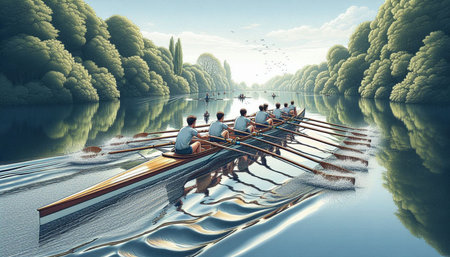 Group of people rowing on a lake. 3D illustration.の写真素材