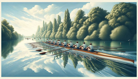 Rowing on the lake in the summer. 3d illustration.