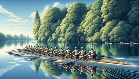 Group of people rowing on the lake. 3D illustration.の写真素材