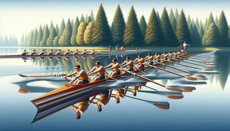 Group of men rowing on the lake. 3d illustration.の写真素材