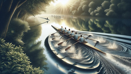 Rowing in the forest. 3D rendering. Computer digital drawing.