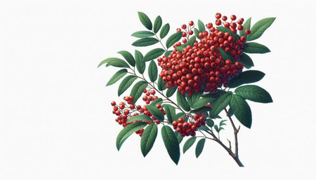 Branch of rowan with red berries on a white background.