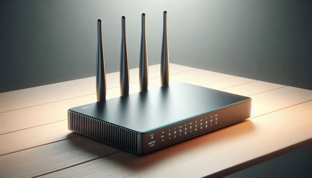 Wireless router on a wooden table, close-up. 3d render